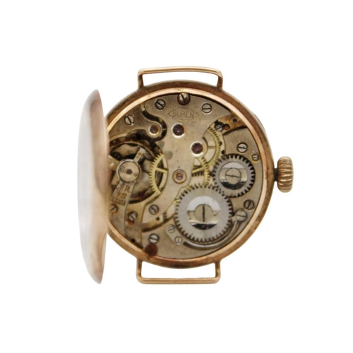 224 - An early 20th century 9ct cased wire lug manual wind wristwatch. The 24mm white enamel dial with bla... 