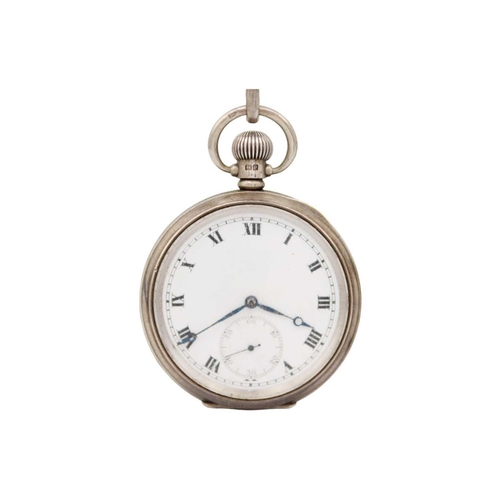 227 - A silver crown wind pocket watch with Albert watch chain, shield fob. and fob watch. The pocket watc... 