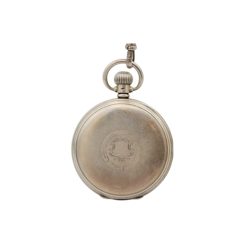 227 - A silver crown wind pocket watch with Albert watch chain, shield fob. and fob watch. The pocket watc... 