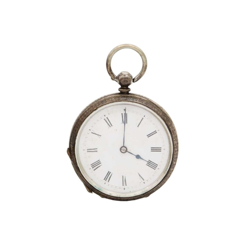 227 - A silver crown wind pocket watch with Albert watch chain, shield fob. and fob watch. The pocket watc... 