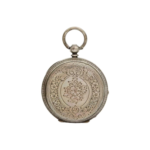 227 - A silver crown wind pocket watch with Albert watch chain, shield fob. and fob watch. The pocket watc... 