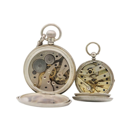 227 - A silver crown wind pocket watch with Albert watch chain, shield fob. and fob watch. The pocket watc... 