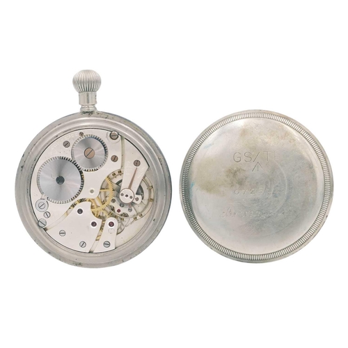 23 - BRAVINGTONS - A military issue nickel cased crown wind lever pocket watch. The silvered dial with Ar... 