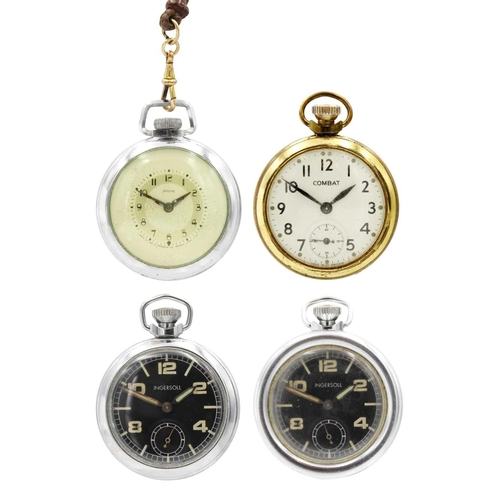 233 - A selection of four crown wind pocket watches, two are military by Ingersoll. The Ingersoll military... 