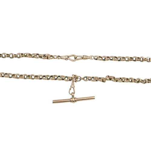 241 - A 9ct belcher link double Albert watch chain. With T bar and three dog clip clasps, length 39.5cm, 1... 