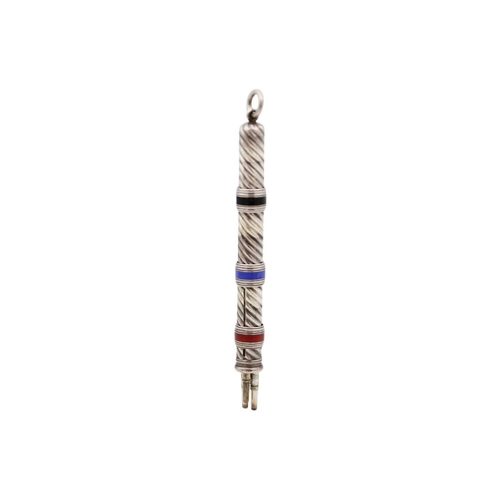 242 - A Victorian silver and enamel triple propelling pencil fob. Of wrythen fluted form, the enamel colou... 