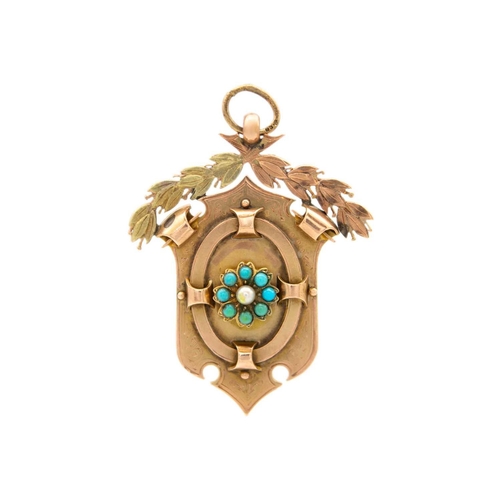 244 - A Victorian 9ct bi-colour gold turquoise and seed pearl set shield fob. In rose and yellow gold, the... 