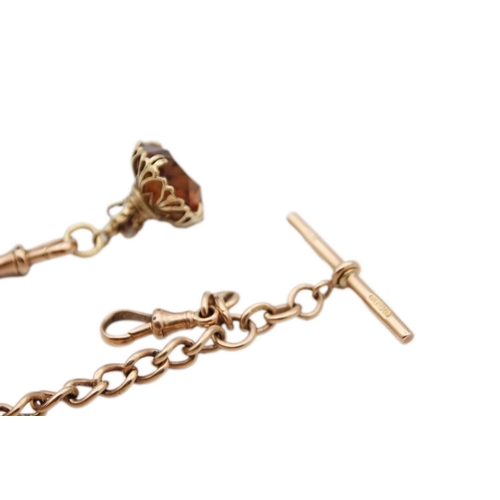 253 - A 9ct rose gold graduated curb link Albert watch chain with 9ct mounted paste set fob. The Albert an... 