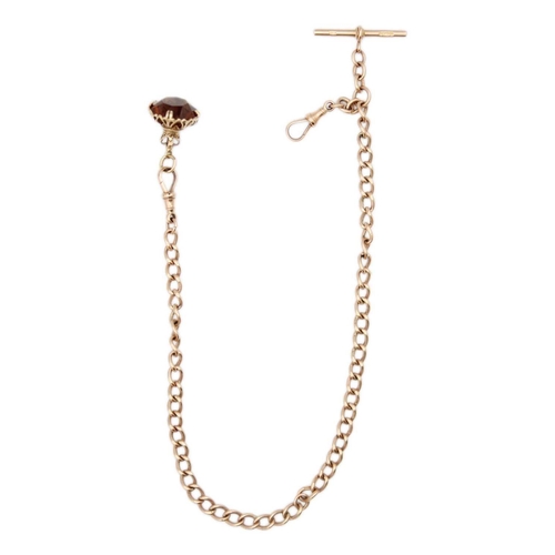 253 - A 9ct rose gold graduated curb link Albert watch chain with 9ct mounted paste set fob. The Albert an... 