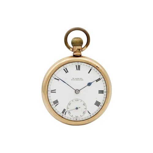 29 - A gold-plated crown wind open face pocket watch. The 42mm white enamel dial with Roman numerals sign... 