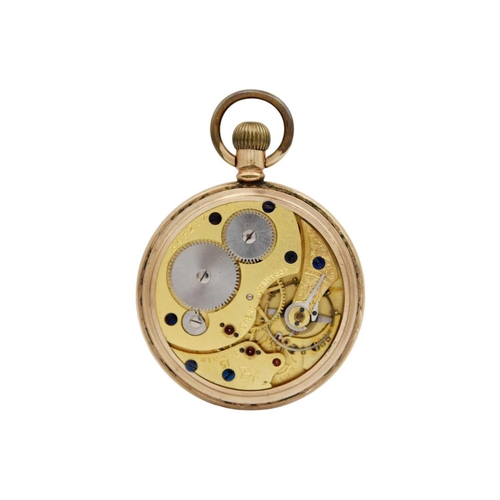 29 - A gold-plated crown wind open face pocket watch. The 42mm white enamel dial with Roman numerals sign... 