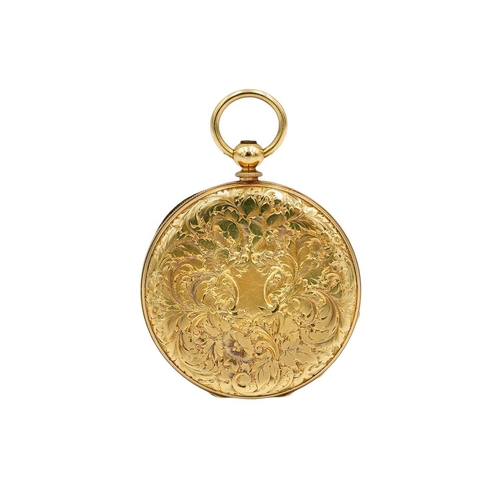 3 - LOGE GENEVE - An 18ct key wind open face cylinder fob pocket watch. The gilt engine turned and engra... 