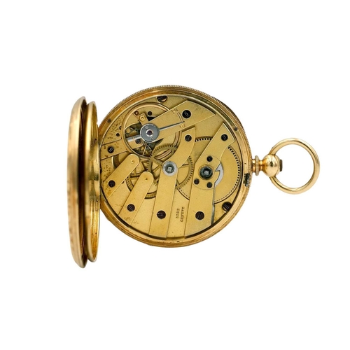 3 - LOGE GENEVE - An 18ct key wind open face cylinder fob pocket watch. The gilt engine turned and engra... 