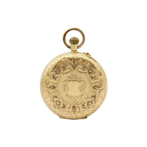 30 - WALTHAM - An 18ct cased crown wind fob pocket watch. The gilt engraved 31mm dial with black Roman nu... 