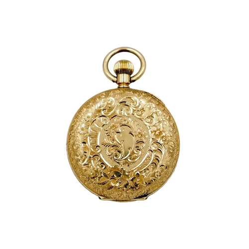 31 - An 18ct cased crown wind lever fob pocket watch. The 22mm gilt engraved dial with black Roman numera... 