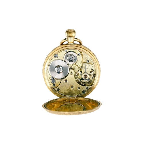 31 - An 18ct cased crown wind lever fob pocket watch. The 22mm gilt engraved dial with black Roman numera... 