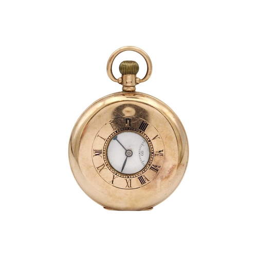 32 - A 9ct rose gold half-hunter pocket watch. With unsigned white enamel dial with black Roman numerals ... 