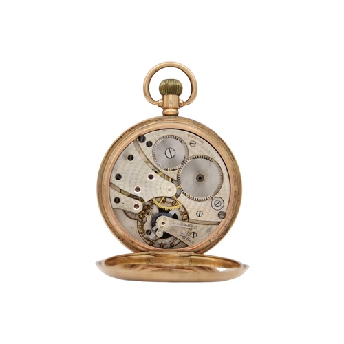 32 - A 9ct rose gold half-hunter pocket watch. With unsigned white enamel dial with black Roman numerals ... 