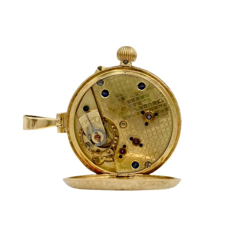 34 - An 18ct lever crown wind fob pocket watch, converted to a pendant. The 30mm gilt engraved dial with ... 