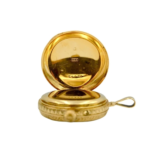 34 - An 18ct lever crown wind fob pocket watch, converted to a pendant. The 30mm gilt engraved dial with ... 