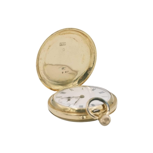 35 - An 18ct full hunter fob crown wind lever pocket watch. The 33mm white enamel dial with black Roman n... 