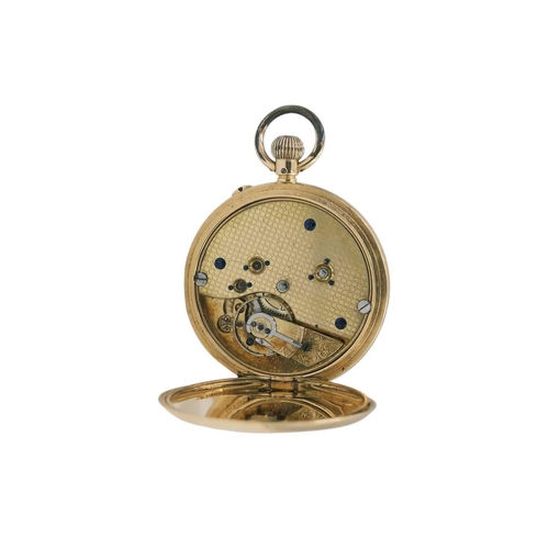 35 - An 18ct full hunter fob crown wind lever pocket watch. The 33mm white enamel dial with black Roman n... 