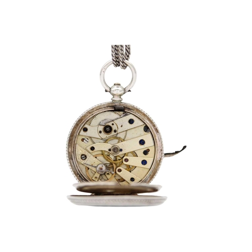 36 - A silver Swiss cylinder fob pocket watch on a silver longuard watch chain. With a painted white emam... 