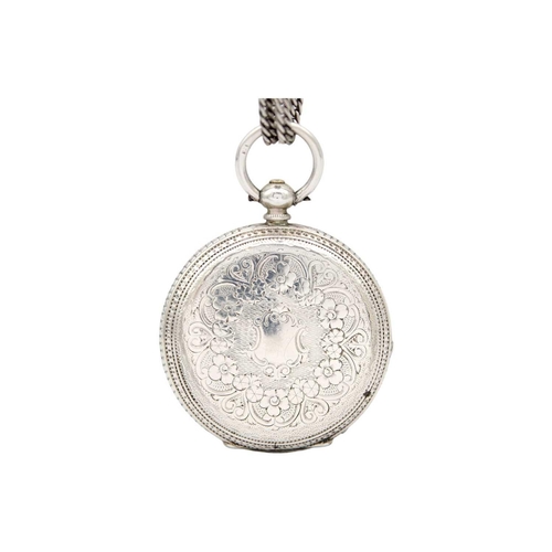 36 - A silver Swiss cylinder fob pocket watch on a silver longuard watch chain. With a painted white emam... 