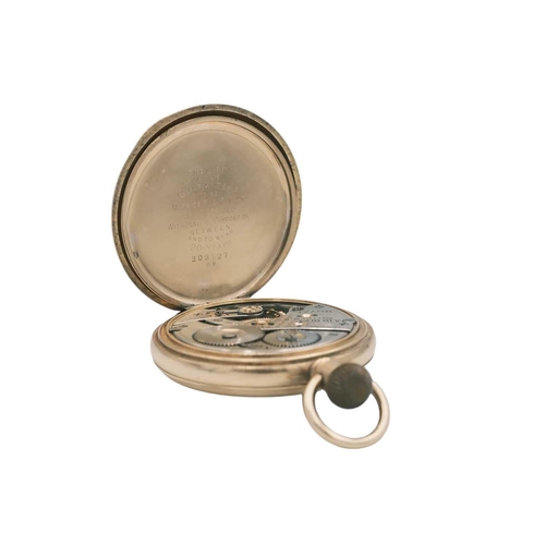 40 - WALTHAM - A 'Royal' gold-plated half-hunter crown wind lever pocket watch. The signed white enamel d... 