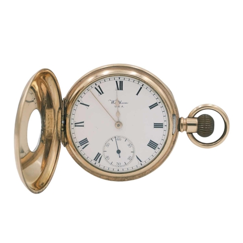 40 - WALTHAM - A 'Royal' gold-plated half-hunter crown wind lever pocket watch. The signed white enamel d... 