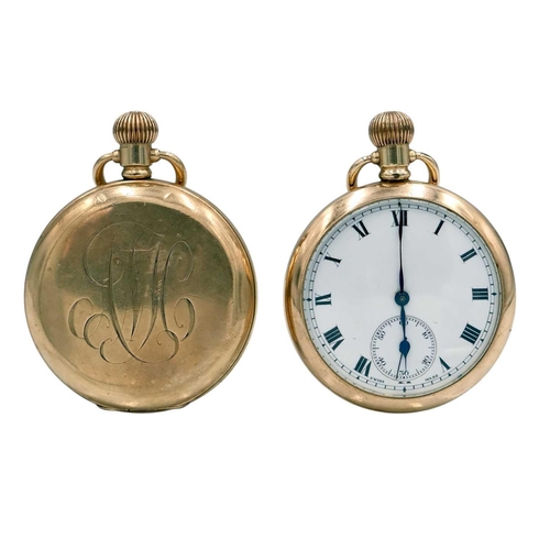 9 - A Waltham gold-plated full hunter pocket watch and an open-face pocket watch. Both crown wind, the W... 