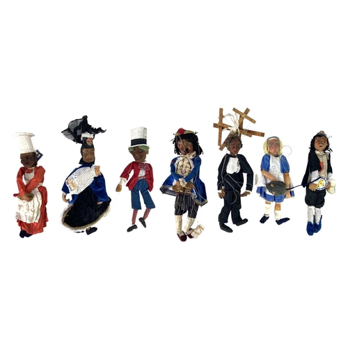 45 - A remarkable group of seven folk art Mad Hatter's Tea Party puppets. Made by Kath Gibbons, on Tresco... 