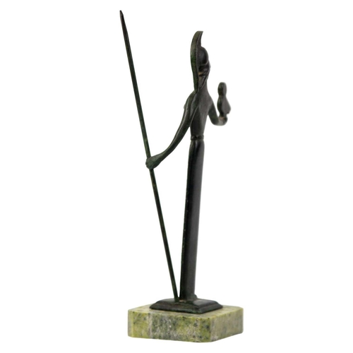 59 - A bronze figure of Athena on a marble base. With spear and owl, height 26cm.