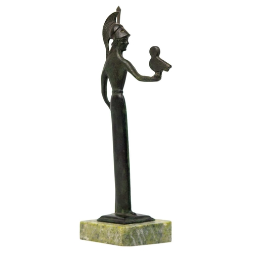 59 - A bronze figure of Athena on a marble base. With spear and owl, height 26cm.