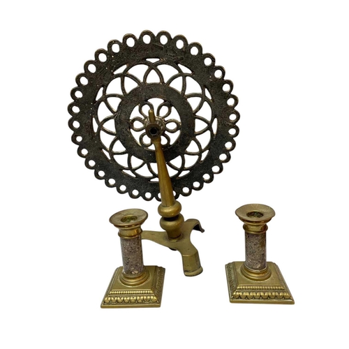 91 - A pair of Victorian brass candle reflectors. Height 18cm, together with a pair of marble mounted can... 