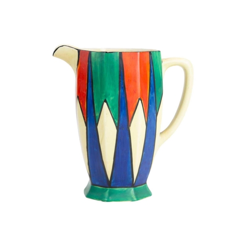 1017 - A Clarice Cliff Original Bizarre Athens shape jug. Circa 1929, painted with red, blue and green diam... 