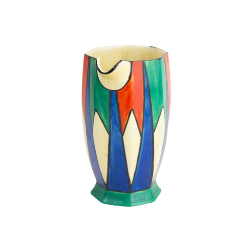 1017 - A Clarice Cliff Original Bizarre Athens shape jug. Circa 1929, painted with red, blue and green diam... 