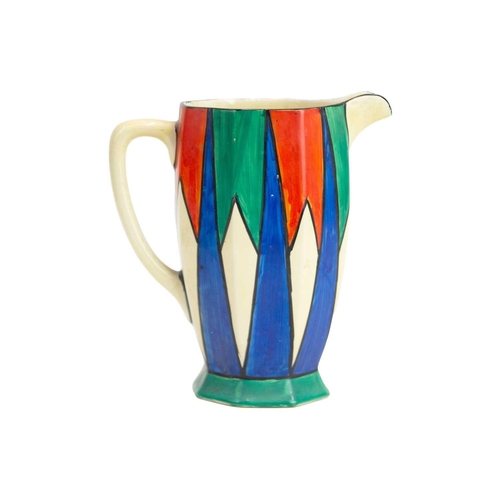 1017 - A Clarice Cliff Original Bizarre Athens shape jug. Circa 1929, painted with red, blue and green diam... 