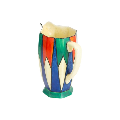 1017 - A Clarice Cliff Original Bizarre Athens shape jug. Circa 1929, painted with red, blue and green diam... 