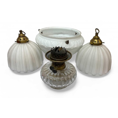 102 - A pair of opaque glass lampshades. With brass pendants, circa 1930s, height 23cm, together with an o... 