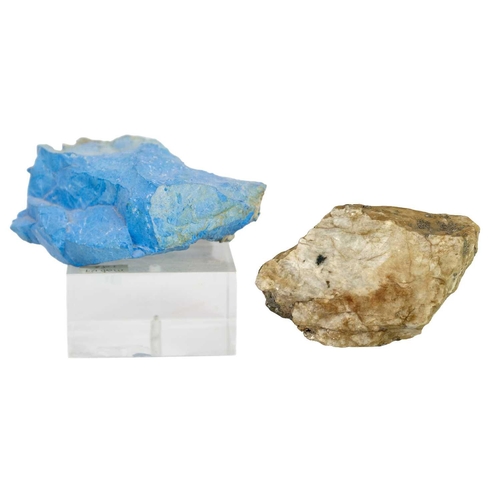 1021 - A sample of the mineral chrysocolla and a quartz specimen. Graham found the quartz on the beach in f... 