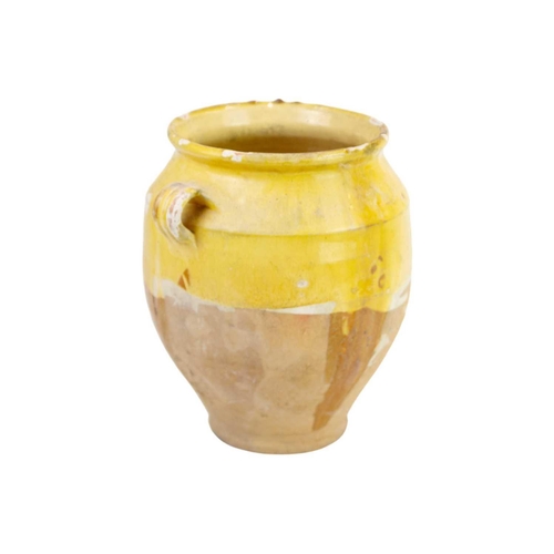 1040 - Two French provincial yellow glazed pots. 19th century, each with simple loop handles, height 16.5 a... 