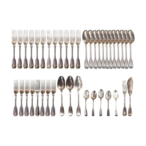 1050 - A canteen of fiddle pattern flatware. Crested, by William Chawner, 1822 and 1824, comprising 12 tabl... 