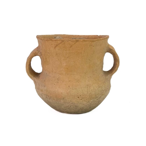 1063 - A Roman terracotta flask. Height 13.5cm, another similar flask and a Neolithic twin-handled vessel, ... 