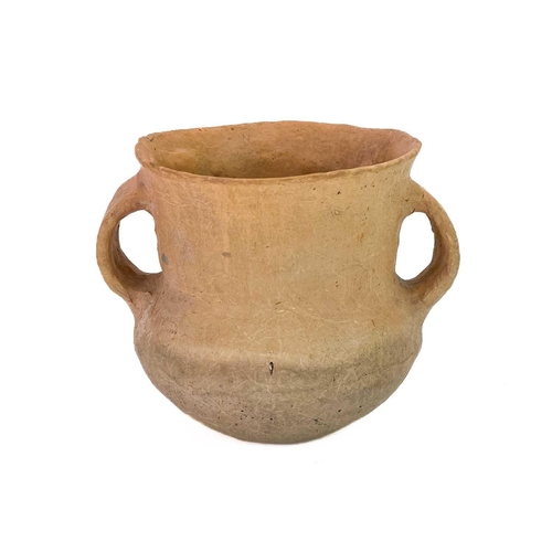 1063 - A Roman terracotta flask. Height 13.5cm, another similar flask and a Neolithic twin-handled vessel, ... 