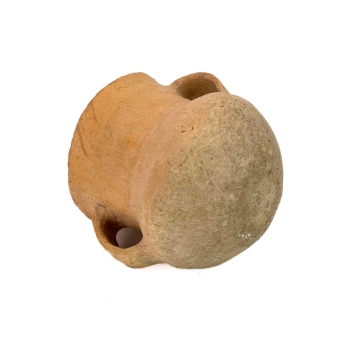 1063 - A Roman terracotta flask. Height 13.5cm, another similar flask and a Neolithic twin-handled vessel, ... 