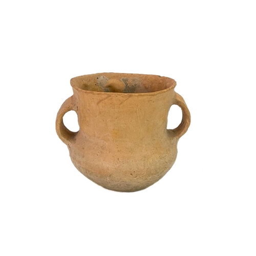 1063 - A Roman terracotta flask. Height 13.5cm, another similar flask and a Neolithic twin-handled vessel, ... 