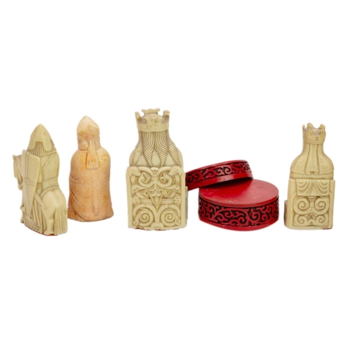 1068 - Four resin Lewis chessmen. The largest height 10cm, and a resin red lacquer circular box (5)