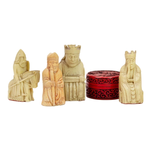 1068 - Four resin Lewis chessmen. The largest height 10cm, and a resin red lacquer circular box (5)