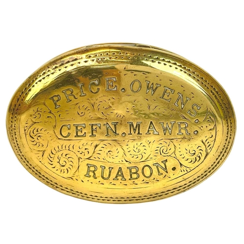 108 - A Welsh oval miner's snuff box. Circa 1900, engraved Price. Owens. Cefn Mawr. Ruabon., width 7cm.